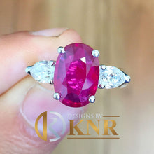 Load image into Gallery viewer, Oval Shape Ruby And Natural Pear Shape Side Cvd Diamonds Prong Set Engagement Right Hand Ring 14k Solid White Gold Wedding Ring 3.80ctw
