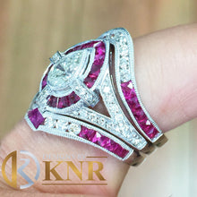 Load image into Gallery viewer, 14k white gold pear shape and round cut natural diamond and rubies engagement ring bands wedding bridal antique filigree bezel set 2.50ctw