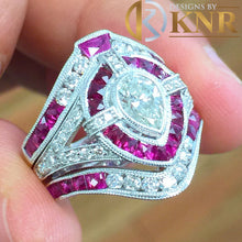 Load image into Gallery viewer, 14k white gold pear shape and round cut natural diamond and rubies engagement ring bands wedding bridal antique filigree bezel set 2.50ctw
