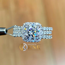 Load image into Gallery viewer, Cushion Cut Moissanite And Round Sides Engagement Ring And Two Matching Set In Bands 14k Solid White Gold Halo Wedding Bridal Set 3.70ctw