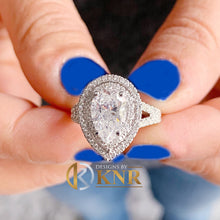Load image into Gallery viewer, Pear Shape And Round Cut Sides Diamond Engagement Ring IGI Certified 14k Solid White Gold Bridal Ring Double Halo Wedding Ring For Her 2.70