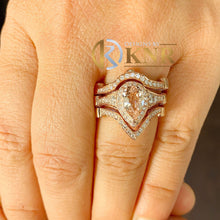 Load image into Gallery viewer, Natural Pear Morganite And Cvd Round Cut Diamond Ring And Two Matching Bands Wedding Set Bridal Halo Ring Set 14k Solid Rose Gold 4.00ctw