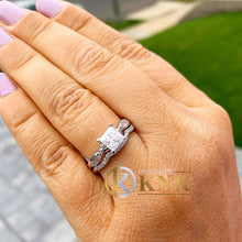 Load image into Gallery viewer, Princess Cut Moissanite and Round Cut Sides Natural Diamond Engagement Ring And Matching Band 14k Solid White Gold Wedding Bridal Ring 1.55