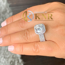 Load image into Gallery viewer, Cushion Cut Moissanite And Round Cut Sides Cvd Diamond Halo Engagement Ring And Two Matching Bands Bridal set 14K Solid White Gold 6.80ctw