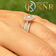 Load image into Gallery viewer, Round Cut Moissanite Engagement Ring And Two Matching Bands Bridal Set Style In 14k Solid Rose Gold Wedding Set Double Halo Design 1.30ctw