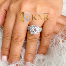 Load image into Gallery viewer, Cushion Cut Moissanite And Round Cut Sides Cvd Diamond Halo Engagement Ring And Two Matching Bands Bridal set 14K Solid White Gold 6.80ctw