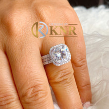 Load image into Gallery viewer, IGI Certified 14k solid white gold cushion and round cut diamond engagement ring and two bands Bridal set Halo 6.80ct