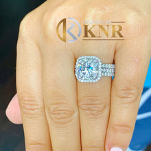 Load image into Gallery viewer, Cushion Cut Moissanite And Round Cut Sides Cvd Diamond Halo Engagement Ring And Two Matching Bands Bridal set 14K Solid White Gold 6.80ctw