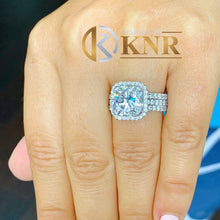 Load image into Gallery viewer, IGI Certified 14k solid white gold cushion and round cut diamond engagement ring and two bands Bridal set Halo 6.80ct