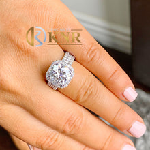 Load image into Gallery viewer, IGI Certified 14k solid white gold cushion and round cut diamond engagement ring and two bands Bridal set Halo 6.80ct
