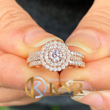 Load image into Gallery viewer, Round Cut Moissanite Engagement Ring And Two Matching Bands Bridal Set Style In 14k Solid Rose Gold Wedding Set Double Halo Design 1.30ctw
