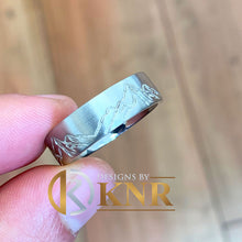 Load image into Gallery viewer, 14K White Gold Solid And Heavy Eternity Style Beveled Style Men's Band Mountain Design Ring Carved Edging Men's Wedding Band For Him 6.0mm