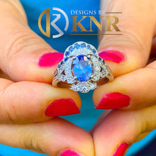 Load image into Gallery viewer, Oval Cut Sapphire And Natural Diamonds Sides Engagement Ring And Matching Band Set In 14k Solid White Gold Wedding Bridal Halo Set 2.50ctw
