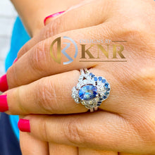 Load image into Gallery viewer, Oval Cut Sapphire And Natural Diamonds Sides Engagement Ring And Matching Band Set In 14k Solid White Gold Wedding Bridal Halo Set 2.50ctw