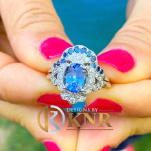Load image into Gallery viewer, Oval Cut Sapphire And Natural Diamonds Sides Engagement Ring And Matching Band Set In 14k Solid White Gold Wedding Bridal Halo Set 2.50ctw