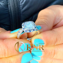 Load image into Gallery viewer, GIA Certified 14k Solid White Gold Cushion Cut Diamond And Sapphires Engagement Ring And Band Halo Wedding 3.00ctw F-VS2