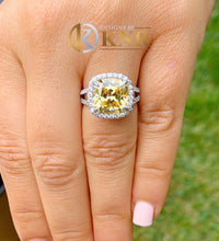 Load image into Gallery viewer, Fancy Yellow Cushion Simulated And Round Cut CVD Diamond Engagement Ring Women's 14k Solid White Gold Halo Style Split Shank Ring 4.70ctw