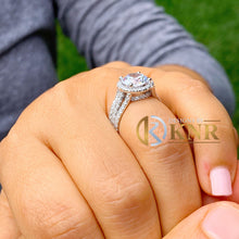 Load image into Gallery viewer, Round Cut Moissanite and Cvd Side Diamonds Engagement Ring Triple shank style 14k Solid White Gold Halo Design Bridal Wedding Ring 4.20