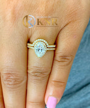 Load image into Gallery viewer, Pear Shape Moissanite And Round Cut Sides Natural Diamonds Engagement Ring And Matching Band Halo Style In 14K Yellow Gold Bridal Set 2.00ct