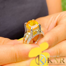 Load image into Gallery viewer, Huge, Women's 14k solid white and yellow gold cushion cut yellow sapphire and natural diamond engagement ring Bridal Wedding 7.80ctw