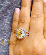 Load image into Gallery viewer, Fancy Yellow Cushion Simulated And Round Cut CVD Diamond Engagement Ring Women's 14k Solid White Gold Halo Style Split Shank Ring 4.70ctw