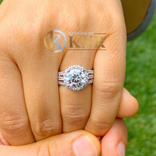 Load image into Gallery viewer, Round Cut Moissanite and Cvd Side Diamonds Engagement Ring Triple shank style 14k Solid White Gold Halo Design Bridal Wedding Ring 4.20
