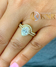 Load image into Gallery viewer, Pear Shape Moissanite And Round Cut Sides Natural Diamonds Engagement Ring And Matching Band Halo Style In 14K Yellow Gold Bridal Set 2.00ct