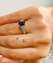 Load image into Gallery viewer, Oval Shape Natural Sapphire And Round Cut Natural Diamonds Engagement Ring Filigree Wedding Ring 14k Solid White Gold Bridal Ring 2.15ctw