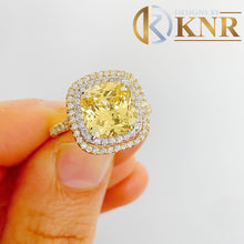 Load image into Gallery viewer, Cushion Cut Simulated Fancy Yellow And Round Cut Sides CVD Diamond 14k Solid Yellow And White Gold Engagement Ring Halo Right Hand RIng 5.00