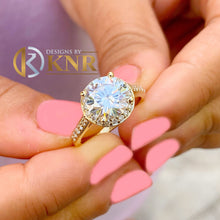 Load image into Gallery viewer, Round Cut Moissanite And Round Cut Sides Natural Diamond Engagement Ring Halo Style In 14K Solid Yellow Gold Bridal Wedding Ring 3.50ctw