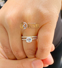 Load image into Gallery viewer, Asscher Cut Moissanite and Natural Round Cut Sides Engagement Ring And Matching Band In 14k Solid Yellow Gold Wedding Bridal Set 1.50ctw