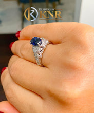 Load image into Gallery viewer, Oval Shape Natural Sapphire And Round Cut Natural Diamonds Engagement Ring Filigree Wedding Ring 14k Solid White Gold Bridal Ring 2.15ctw