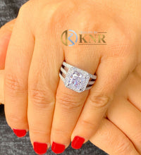 Load image into Gallery viewer, Princess Cut Moissanite And Round Cut Sides Cvd Diamonds Engagement Ring Prong Set Halo Triple Shank Style 14k Solid White Gold 3.80ctw