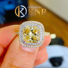 Load image into Gallery viewer, Cushion Cut Simulated Fancy Yellow And Round Cut Sides CVD Diamond 14k Solid Yellow And White Gold Engagement Ring Halo Right Hand RIng 5.00
