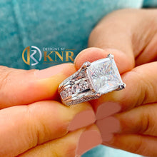 Load image into Gallery viewer, Cushion Cut Moissanite And cvd Round Cut Side Diamond Engagement Ring Right Hand Ring 14k Solid And Heavy White Gold Wedding Ring 6.50