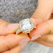 Load image into Gallery viewer, Cushion Cut Moissanite And Round Cut Sides Cvd Diamond Engagement Ring And Two Matching Bands Bridal Halo Ring 14k Solid Yellow Gold 6.80ctw