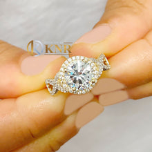 Load image into Gallery viewer, Round Cut Moissanite And Natural Round Cut Sides Diamond Engagement Ring Halo Style Wedding Ring 14k Solid Yellow Gold Bridal Ring 2.00ctw