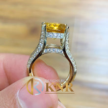 Load image into Gallery viewer, Cushion Cut Natural Yellow Citrine and Round cut Sides Natural Diamonds Engagement Ring 14K Solid Yellow And White Gold Right Hand Ring 4.80