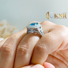 Load image into Gallery viewer, Cushion Cut Center Blue Topaz And Round Cut Sides Cvd Diamonds Engagement Ring Halo Wedding Ring 14k Solid White Gold Right Hand Ring 4.70ct