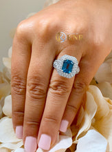 Load image into Gallery viewer, Cushion Cut Center Blue Topaz And Round Cut Sides Cvd Diamonds Engagement Ring Halo Wedding Ring 14k Solid White Gold Right Hand Ring 4.70ct