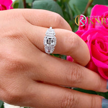 Load image into Gallery viewer, Asscher Cut Moissanite And Round And Emerald Cut Sides Engagement Ring Halo Style Bridal Ring In 14k Solid White Gold Wedding Ring 2.50ctw