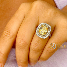 Load image into Gallery viewer, Fancy Yellow Cushion Simulated And Round Cut Cvd Diamond Engagement Ring Halo Right Hand Ring Women's Wedding Ring 14k Solid White Gold 5.70