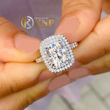 Load image into Gallery viewer, Elongated Cushion Cut Moissanite and Round Cut Sides Engagement Ring Double Halo Design In 14K Solid White Gold Wedding Bridal Ring 4.00ctw