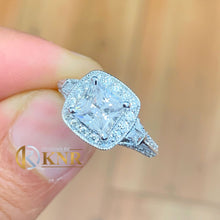 Load image into Gallery viewer, Princess Cut Moissanite and Round Cut Sides Engagement Ring Halo Deco Antique Style 14k Solid White Gold Bridal Wedding Prong Set 1.90ctw