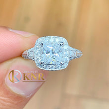 Load image into Gallery viewer, Princess Cut Moissanite and Round Cut Sides Engagement Ring Halo Deco Antique Style 14k Solid White Gold Bridal Wedding Prong Set 1.90ctw