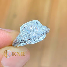 Load image into Gallery viewer, Princess Cut Moissanite and Round Cut Sides Engagement Ring Halo Deco Antique Style 14k Solid White Gold Bridal Wedding Prong Set 1.90ctw