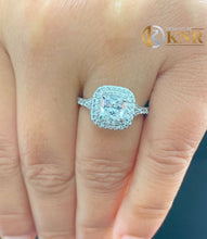 Load image into Gallery viewer, Cushion Cut Moissanite and Round Cut Sides Cvd Diamond Engagement Ring Split Shank Style Double Halo Wedding Ring Halo Bridal Ring 1.80