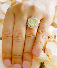 Load image into Gallery viewer, Cushion Simulated Diamond And Round Cut Cvd Diamond Engagement Ring Halo Style 14k Solid White Gold Fancy Yellow Right Hand Ring 5.70ctw