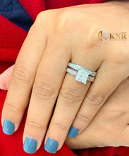 Load image into Gallery viewer, Princess Cut Moissanite And Cvd Sides Diamond Engagement Ring And Matching Band Wedding Set 14k Solid White Gold Women's Bridal Set 3.70ctw