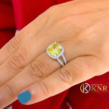 Load image into Gallery viewer, Fancy Yellow Cushion Simulated And Round Cut Natural Diamond Engagement Ring Women's 14k Solid White Gold Split Shank Halo Style 4.70ctw